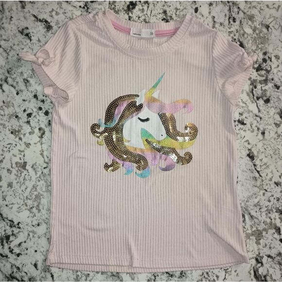 Young Hearts Pink Sequined Unicorn Tee Ribbed T-shirt Girls Sz 10 - Picture 1 of 4